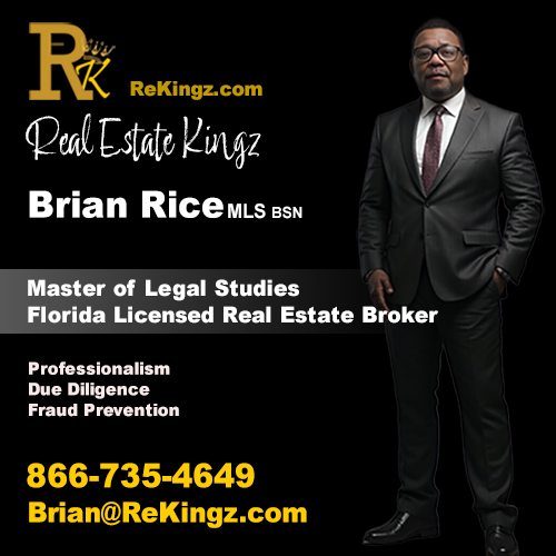 Brian Rice - Palm Bay Realtor, Real Estate Broker, and Owner of Real Estate Kingz. Brian Rice, Palm Bay Florida real estate broker, standing in a suit and tie beside his Master of Legal Studies credential and Real Estate Kingz logo.