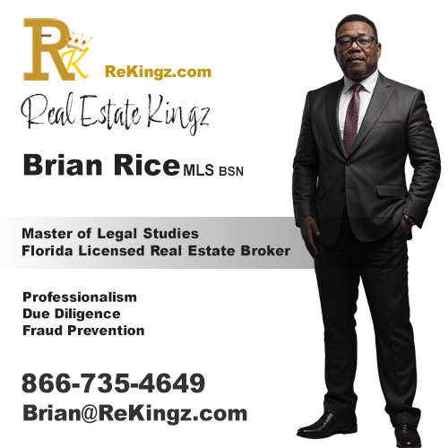 866rek Brian Rice, Palm Bay Florida real estate broker, standing in a suit and tie beside his Master of Legal Studies credential and Real Estate Kingz logo.
